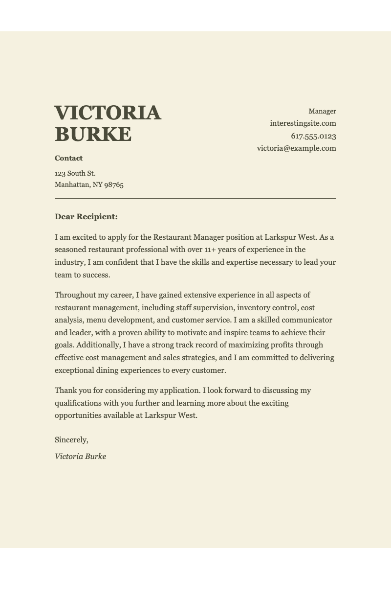 Classic food service cover letter - Elegant serif cover letter for hospitality managers. Professional layout highlights leadership experience and service achievements.